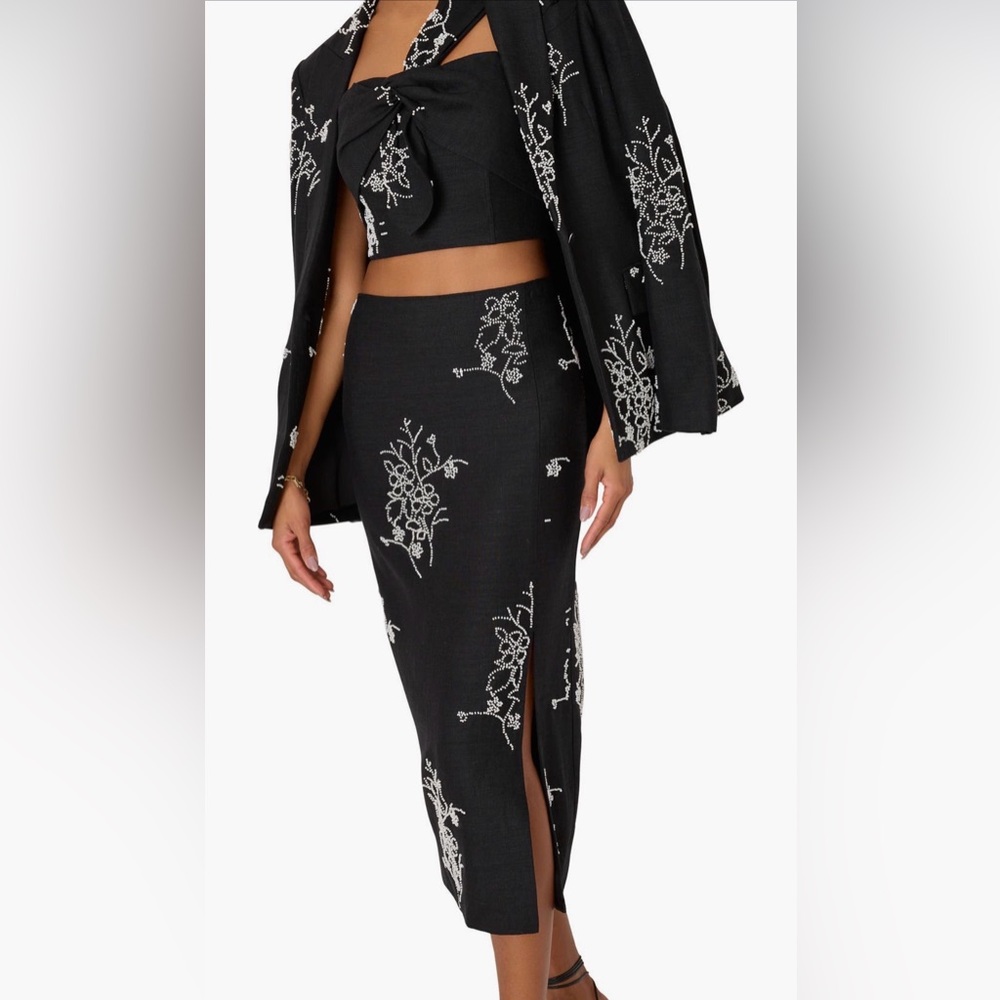 Milly SET Santanna Beaded Top & Midi Skirt Set Black Floral Skirt 0 Top S